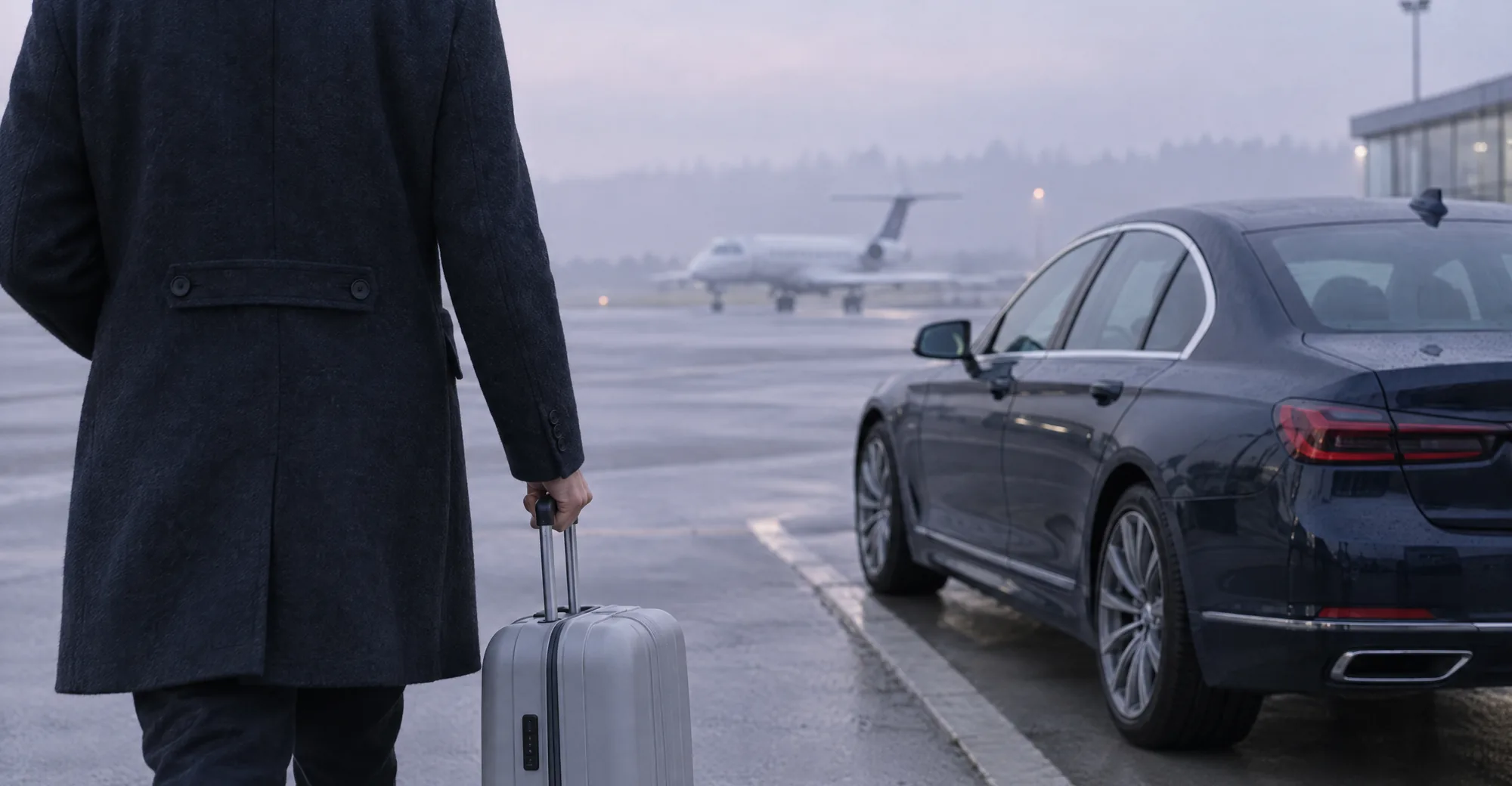 A driver in a dark coat wheeling a traveller's suitcase to a dark car at a small airport