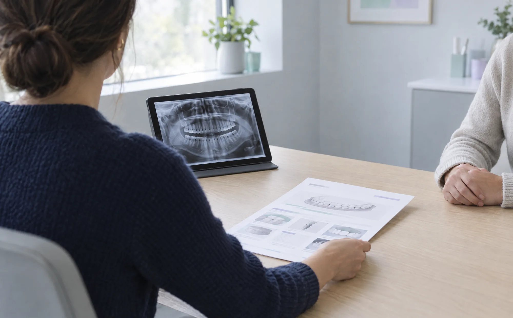 A coordinator in a navy sweater reviewing a printed treatment plan, with a dental X-ray on a tablet