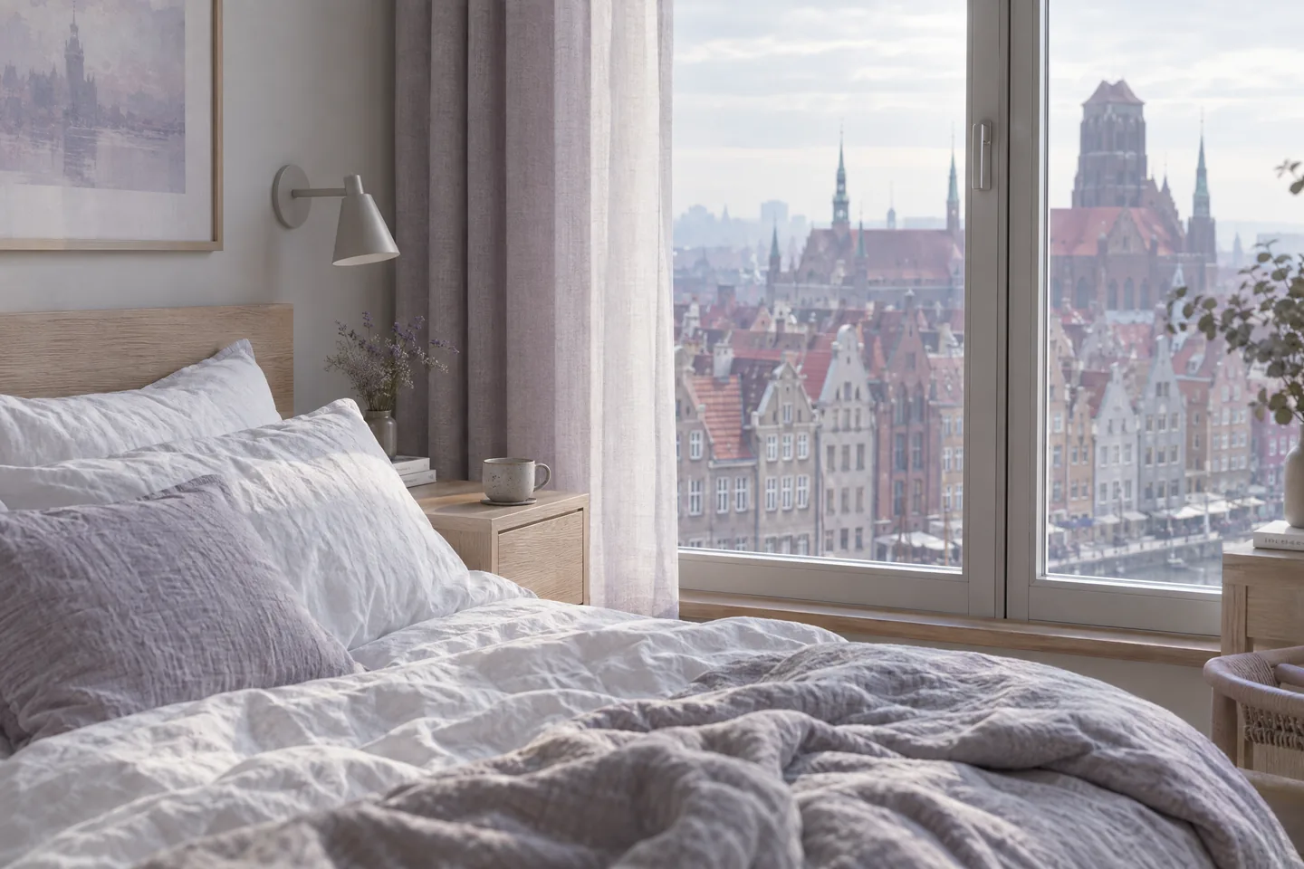 A calm hotel room with linen bedding and a window overlooking the old-town rooftops of Gdańsk