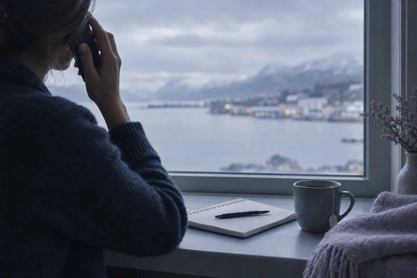 A coordinator on the phone at a window desk, with a notebook and a cup of tea
